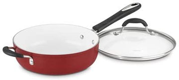 Cuisinart Elements Saut&eacute; Pan w/helper handle &amp; Cover: 5.5 qt, white ceramic non-stick, red | 5933-30HR