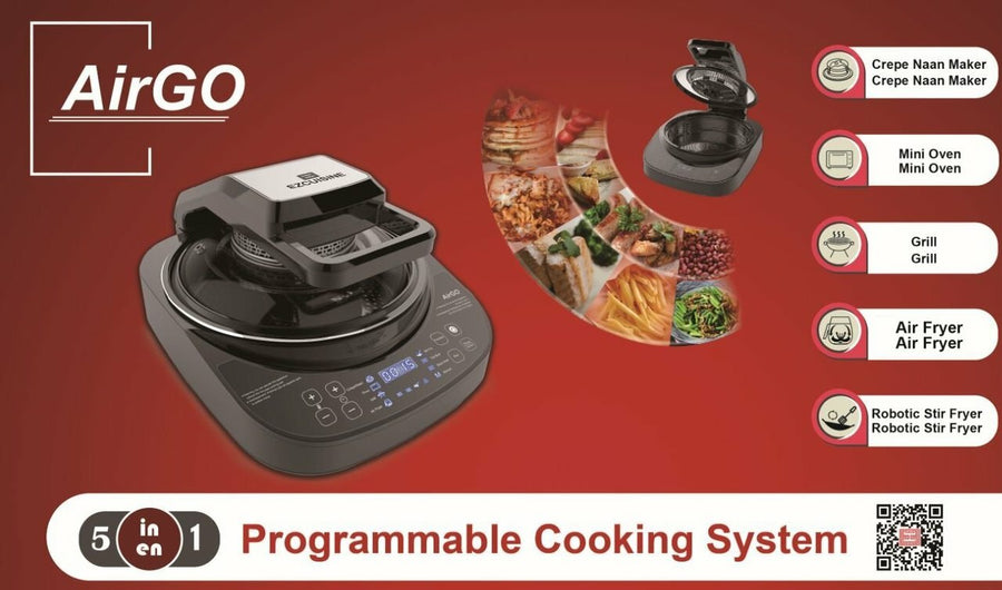 AirGO 5-in-1 Cooking System |AP360| Crepe/Naan Maker, Mini-Oven, Indoor Grill, Air Fryer, Robotic Stir Fryer