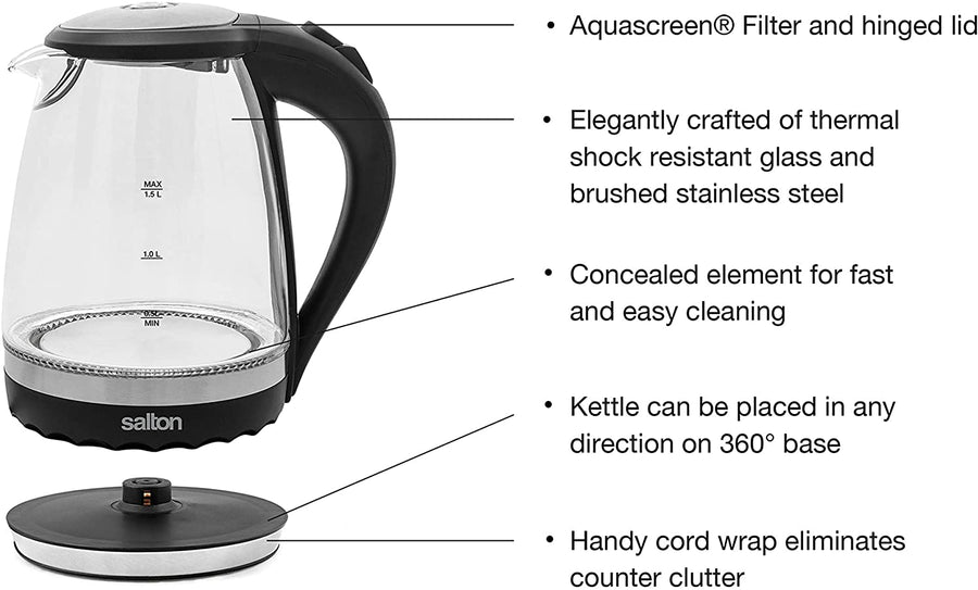 Salton cordless Kettle: 1.5L, 1100W, glass body w/black trim | GK-1831