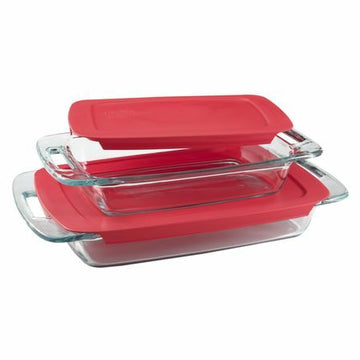 Pyrex Easy Grab® 4-Piece Glass Baking Set  | 1090992 | Includes 3-Qt and 2-Qt Oblong Baking Dishes with Red Plastic Covers